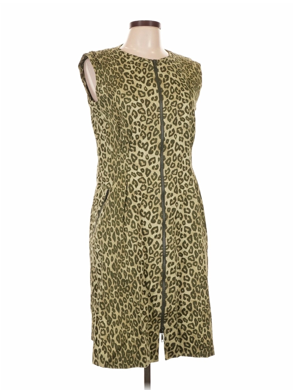Lafayette 148 New York Sleeveless Olive Leopard Print Zip-Front Dress Sz 8